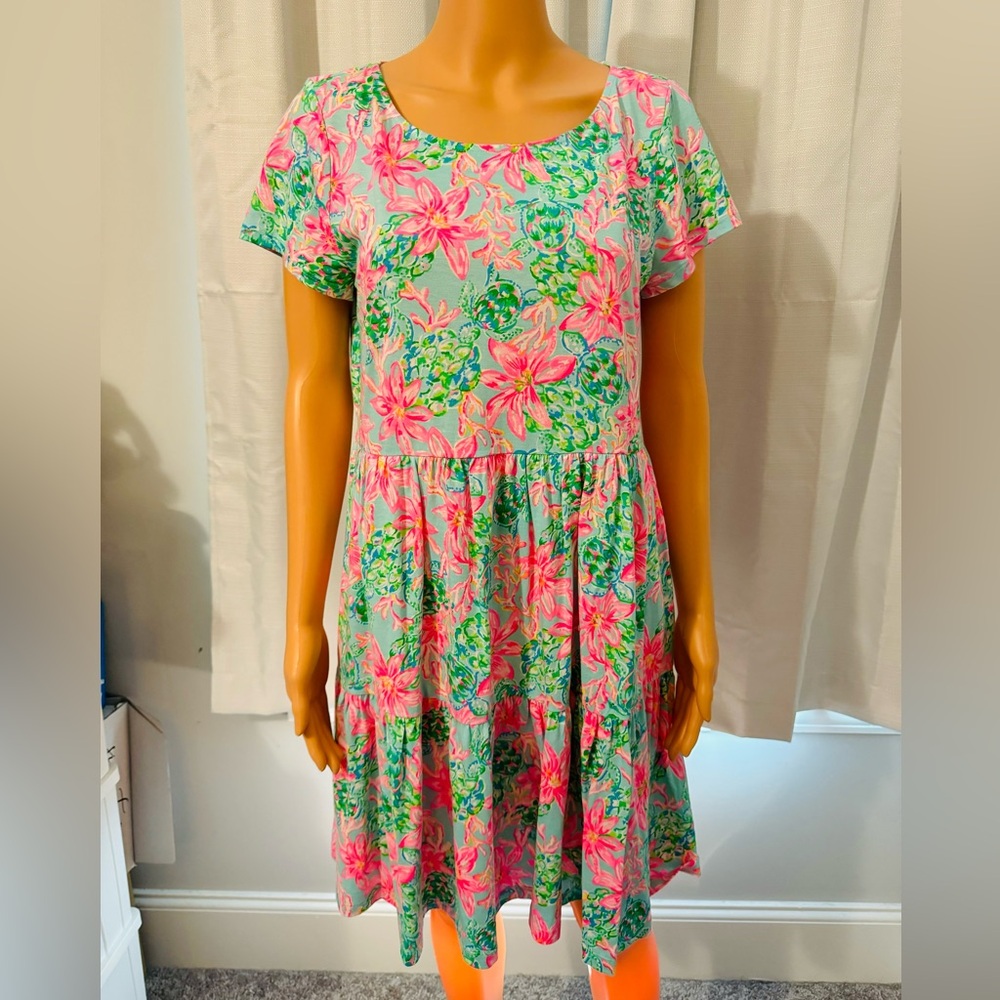 Pretty Lilly Pulitzer size M blue pink floral short sleeve dress women new